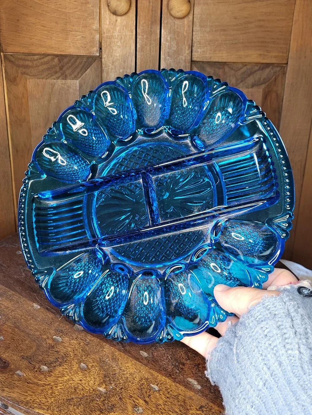 Blue Glass Divided Serving Platter - Brand Unknown